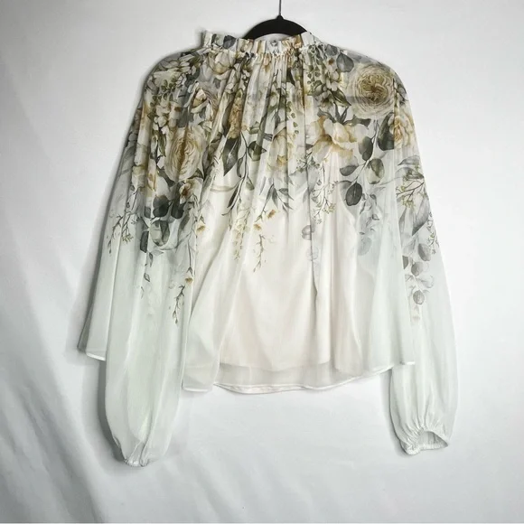 NWT Rachel Zoe Sheer Long Sleeve Blouse Ruffle Neck Floral Sz L Flowy Romantic - Picture 2 of 7
